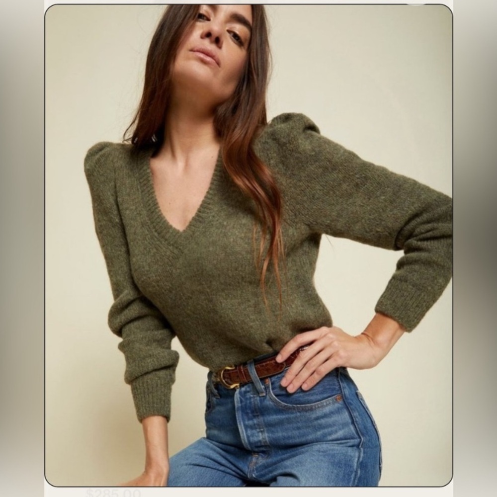 Nation LTD Lara Puff Shoulder V-Neck Sweater Women's Green Alpaca Blend